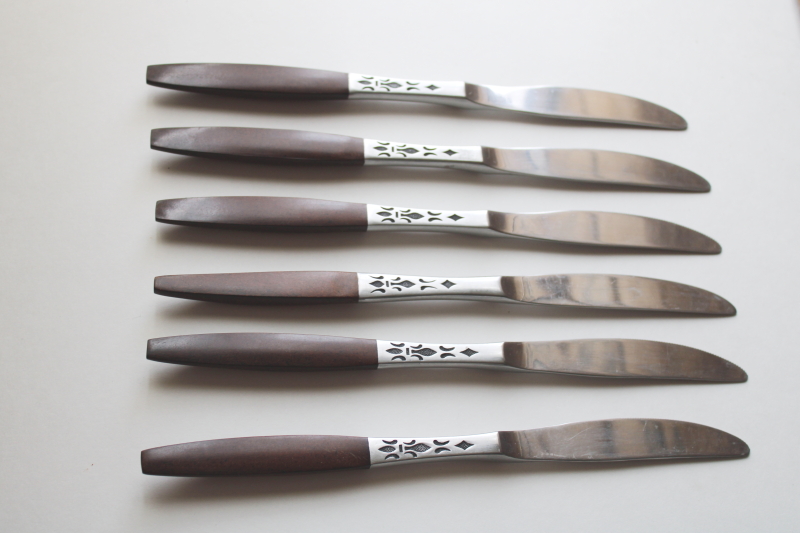 photo of MCM vintage flatware, Dior Muffin Grand Prix Japan stainless table knives, rosewood look handles #1