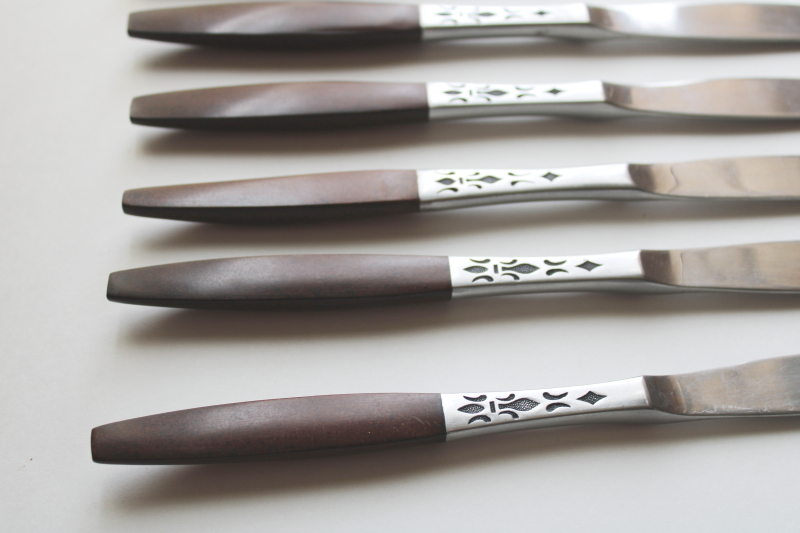 photo of MCM vintage flatware, Dior Muffin Grand Prix Japan stainless table knives, rosewood look handles #2