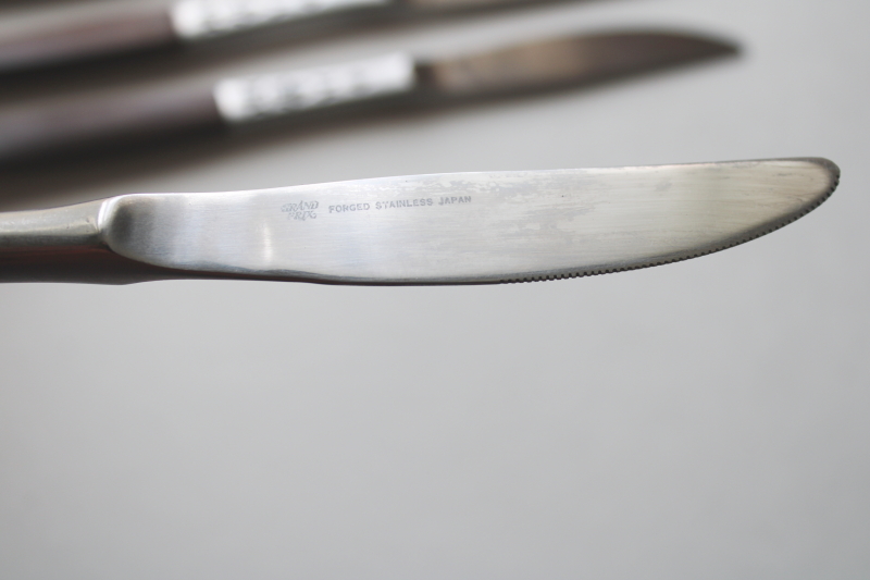 photo of MCM vintage flatware, Dior Muffin Grand Prix Japan stainless table knives, rosewood look handles #3