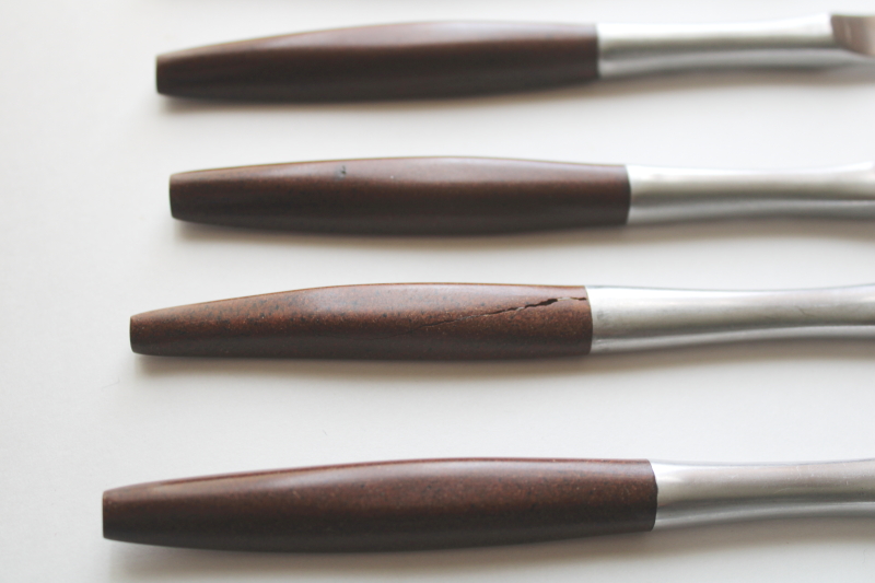 photo of MCM vintage flatware, Dior Muffin Grand Prix Japan stainless table knives, rosewood look handles #4