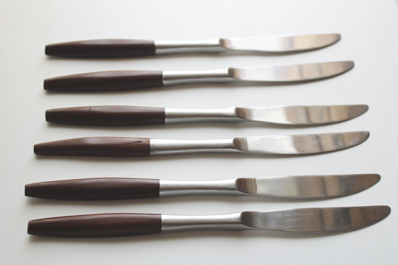 photo of MCM vintage flatware, Dior Muffin Grand Prix Japan stainless table knives, rosewood look handles #5