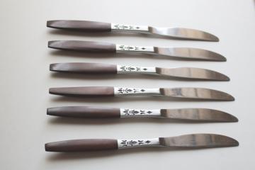 catalog photo of MCM vintage flatware, Dior Muffin Grand Prix Japan stainless table knives, rosewood look handles 