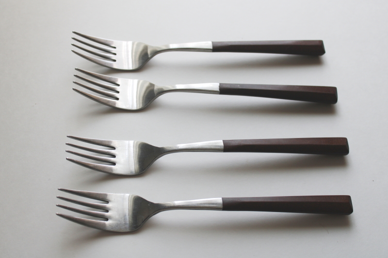 photo of MCM vintage flatware, Woodwind Japan stainless dinner forks, rosewood look handles #1