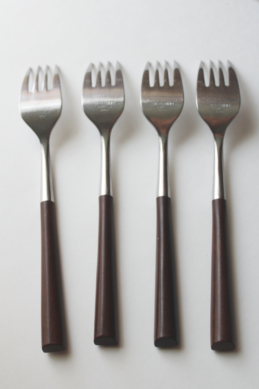 photo of MCM vintage flatware, Woodwind Japan stainless dinner forks, rosewood look handles  #4