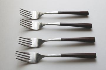 catalog photo of MCM vintage flatware, Woodwind Japan stainless dinner forks, rosewood look handles 