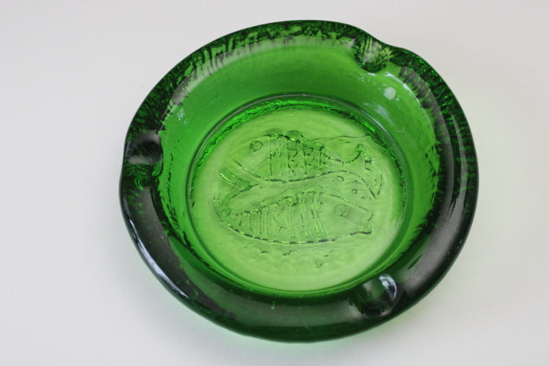 photo of MCM vintage glass ashtray, Pisces zodiac sign big heavy green glass bowl  #1