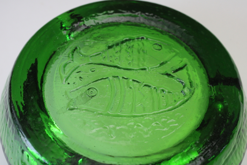 photo of MCM vintage glass ashtray, Pisces zodiac sign big heavy green glass bowl #2