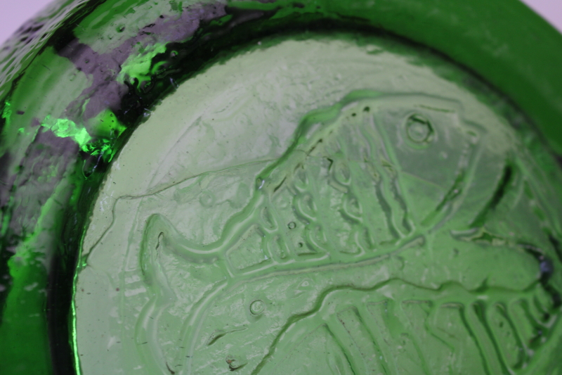 photo of MCM vintage glass ashtray, Pisces zodiac sign big heavy green glass bowl #3