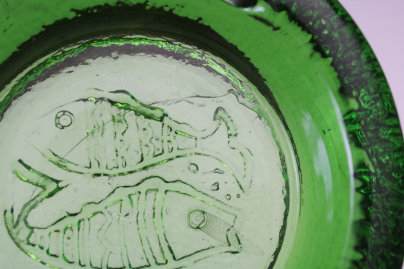 photo of MCM vintage glass ashtray, Pisces zodiac sign big heavy green glass bowl #4