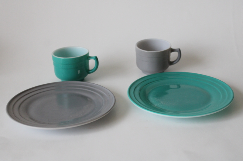 photo of MCM vintage glass doll dishes, Hazel Atlas Moderntone cups & plates turquoise & gray platonite  #1