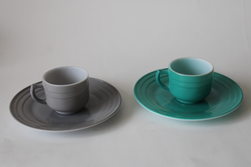 photo of MCM vintage glass doll dishes, Hazel Atlas Moderntone cups & plates turquoise & gray platonite  #2