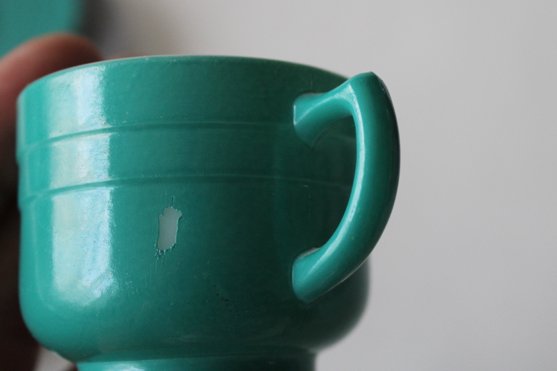photo of MCM vintage glass doll dishes, Hazel Atlas Moderntone cups & plates turquoise & gray platonite  #4
