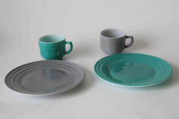 catalog photo of MCM vintage glass doll dishes, Hazel Atlas Moderntone cups & plates turquoise & gray platonite 