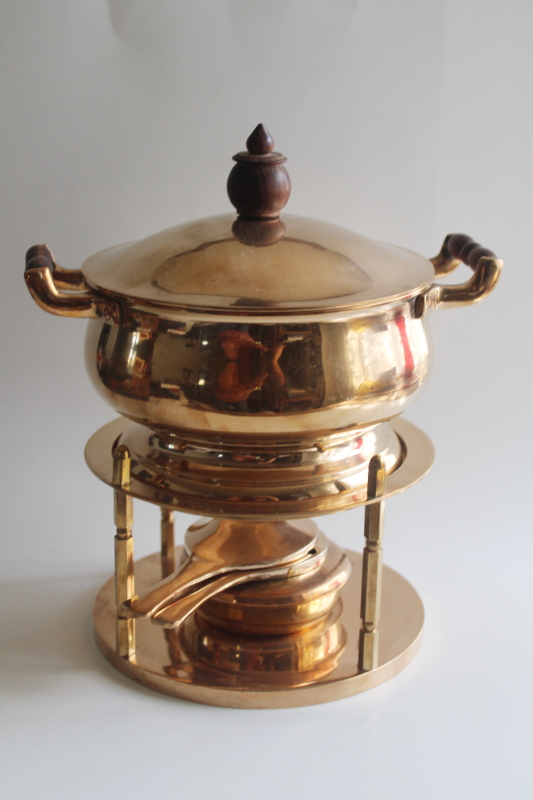 photo of MCM vintage heavy solid brass fondue hot pot on burner stand, chafing dish w/ teak handles  #1