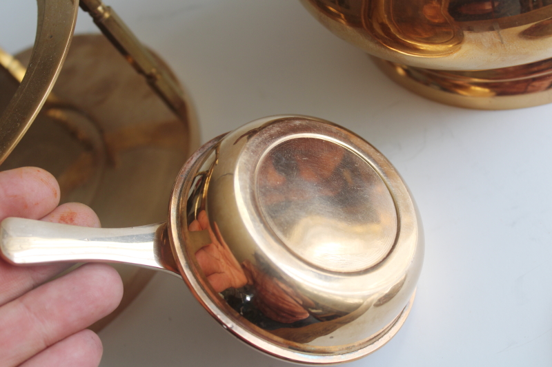 photo of MCM vintage heavy solid brass fondue hot pot on burner stand, chafing dish w/ teak handles  #4