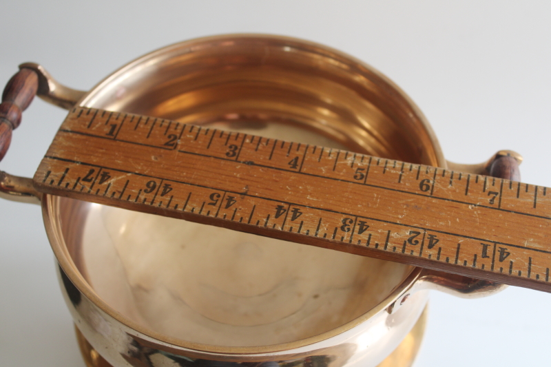 photo of MCM vintage heavy solid brass fondue hot pot on burner stand, chafing dish w/ teak handles  #10