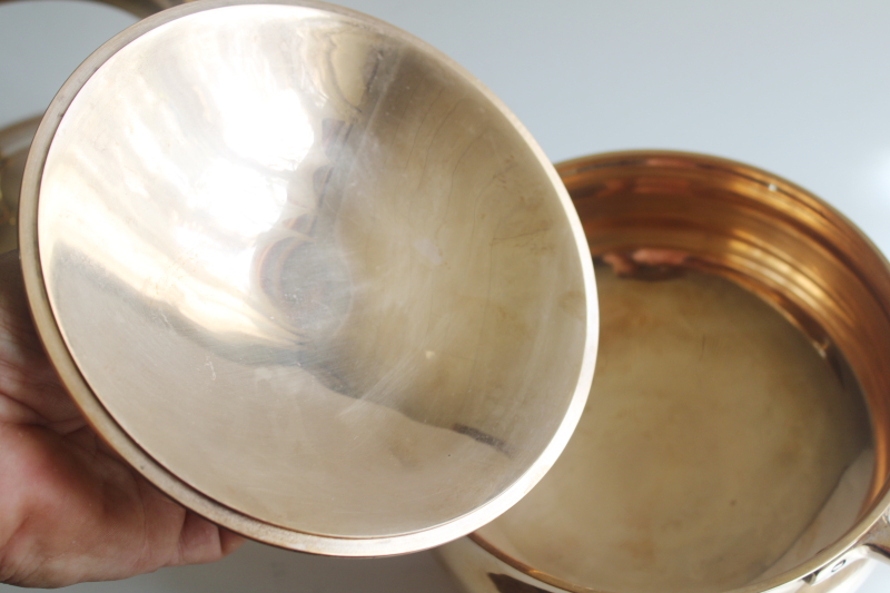 photo of MCM vintage heavy solid brass fondue hot pot on burner stand, chafing dish w/ teak handles  #14