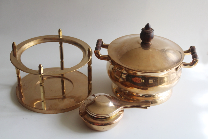 photo of MCM vintage heavy solid brass fondue hot pot on burner stand, chafing dish w/ teak handles  #18