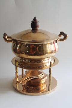 MCM vintage heavy solid brass fondue hot pot on burner stand, chafing dish w/ teak handles 