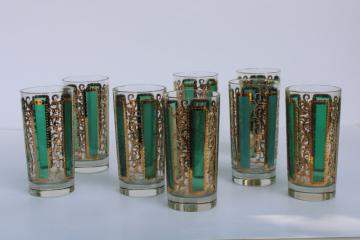 catalog photo of MCM vintage highball glasses, turquoise & gold tumblers, Culver or Libbey teal panels 