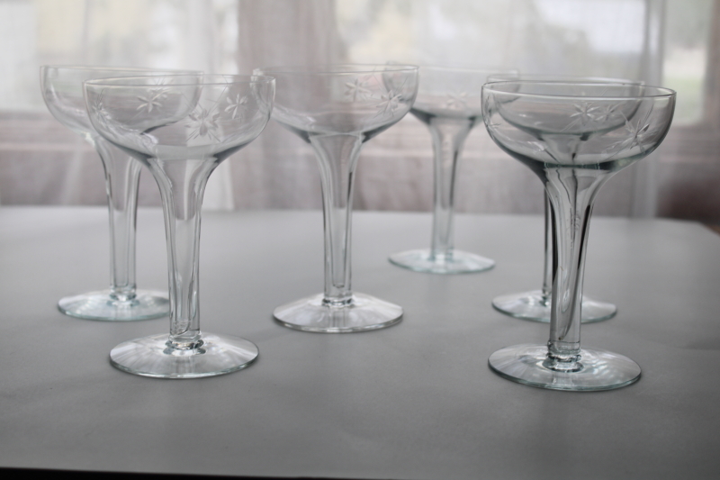 photo of MCM vintage hollow stem champagne glasses or mod cocktail glasses, etched starburst stars  #1