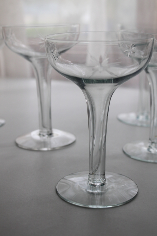 photo of MCM vintage hollow stem champagne glasses or mod cocktail glasses, etched starburst stars  #2