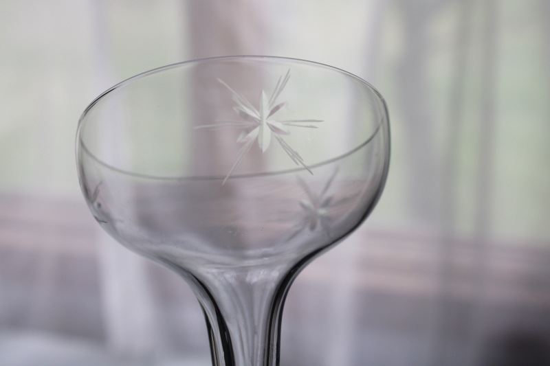 photo of MCM vintage hollow stem champagne glasses or mod cocktail glasses, etched starburst stars  #3