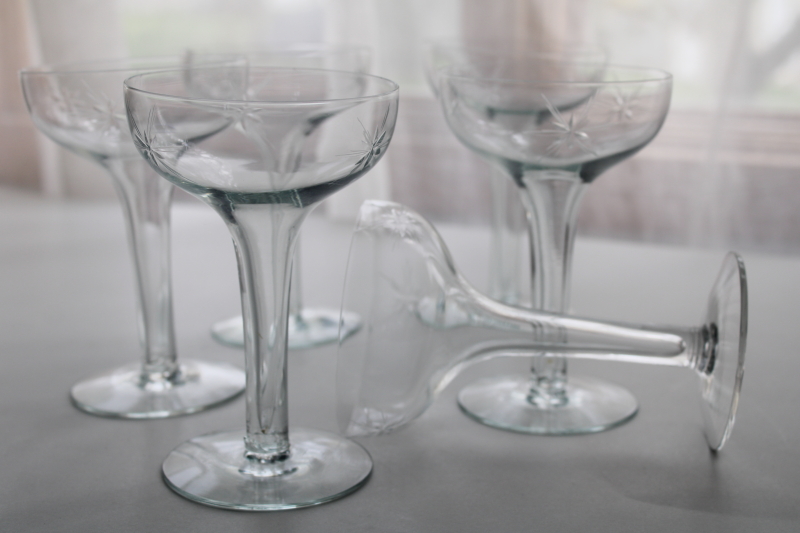 photo of MCM vintage hollow stem champagne glasses or mod cocktail glasses, etched starburst stars  #4