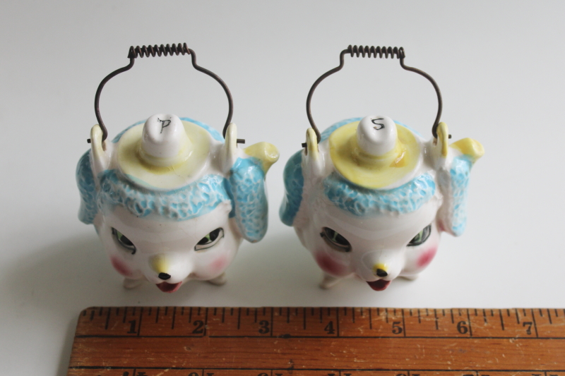 photo of MCM vintage kitsch S&P shakers, blue lambs or poodles hand painted ceramic Japan  #3