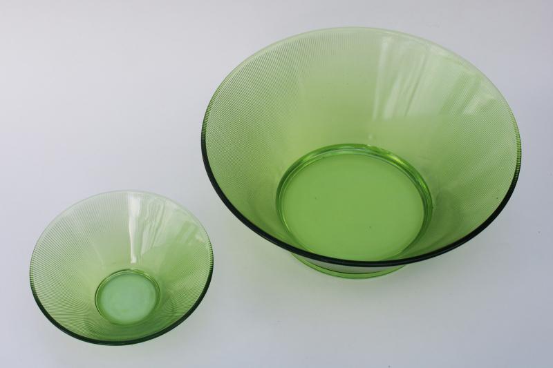 photo of MCM vintage limelight green glass snack bowls set, Federal Norse fine rib pattern #2