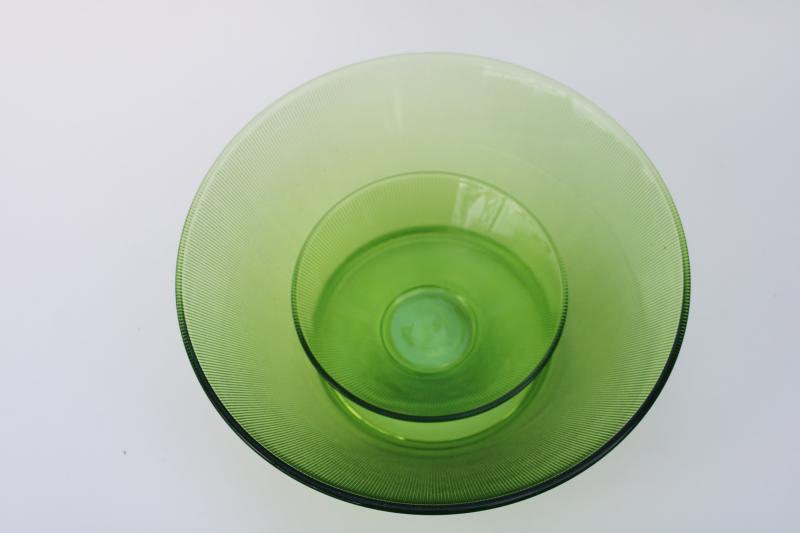 photo of MCM vintage limelight green glass snack bowls set, Federal Norse fine rib pattern #5