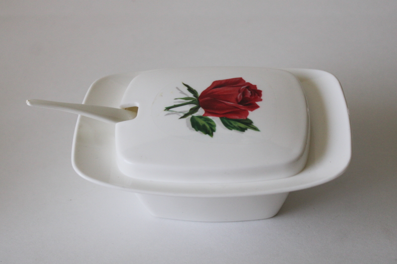 photo of MCM vintage melamine sugar bowl w/ tiny plastic sugar spoon, rose print on white  #1