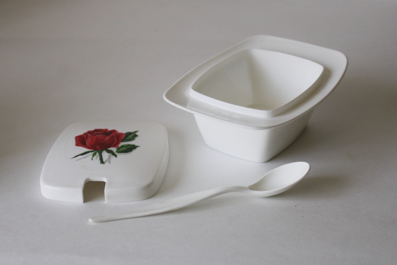 photo of MCM vintage melamine sugar bowl w/ tiny plastic sugar spoon, rose print on white  #2