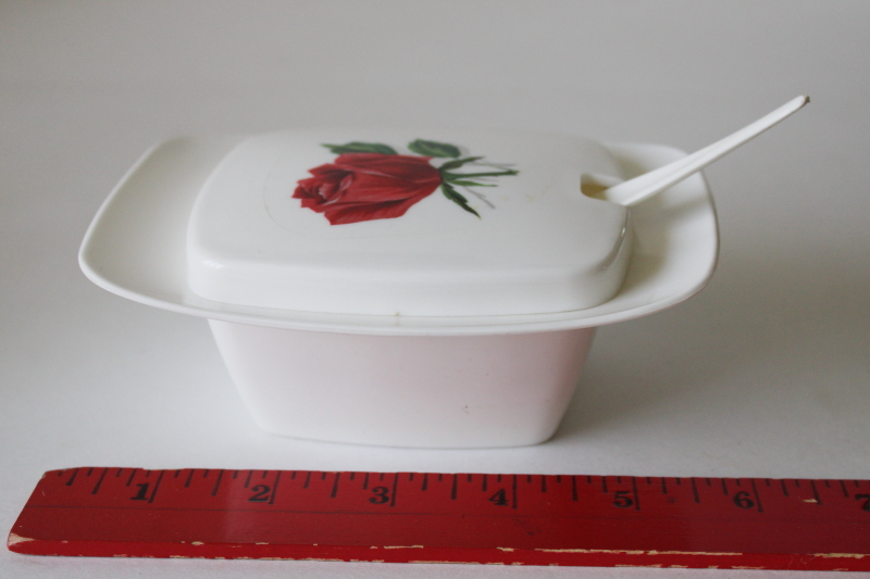 photo of MCM vintage melamine sugar bowl w/ tiny plastic sugar spoon, rose print on white  #4