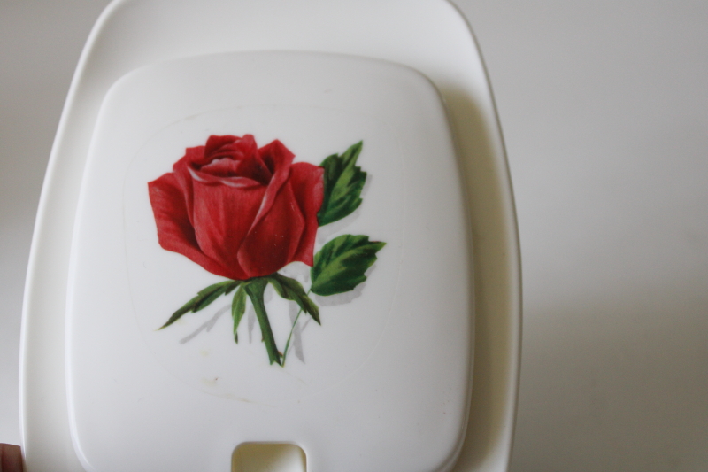 photo of MCM vintage melamine sugar bowl w/ tiny plastic sugar spoon, rose print on white  #6
