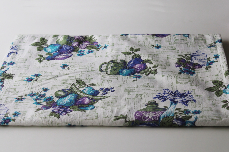 photo of MCM vintage mod kitchen print cotton fabric, retro purple w/ turquoise blue, avocado green #1