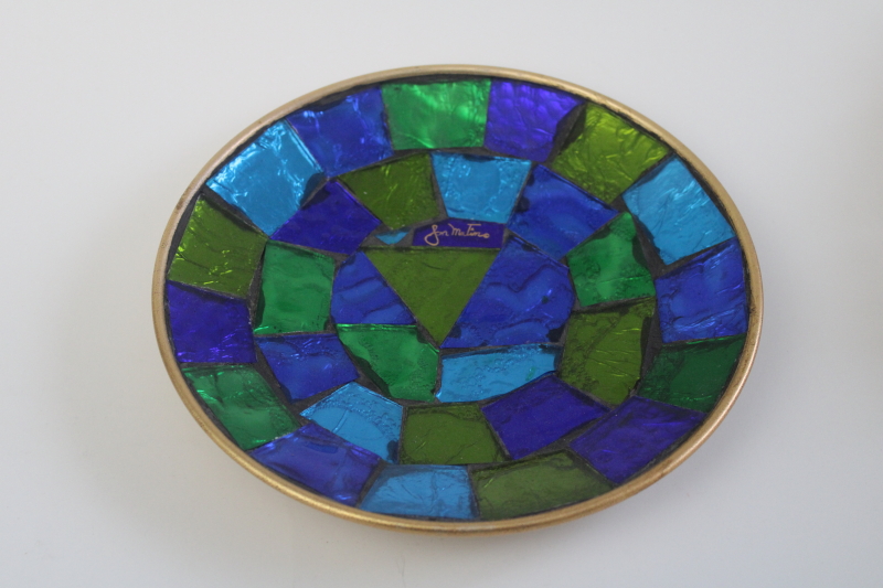 photo of MCM vintage modern art stained glass mosaic plate, artist signed Jon Matin small tray  #1