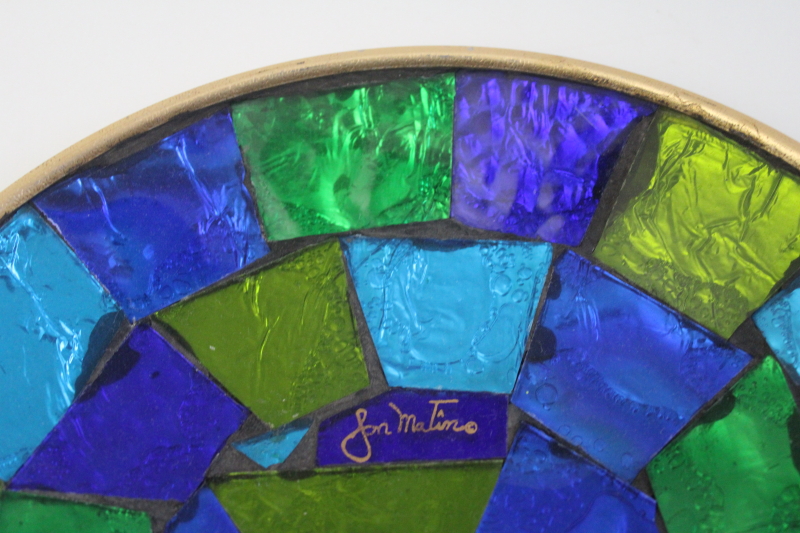 photo of MCM vintage modern art stained glass mosaic plate, artist signed Jon Matin small tray  #2