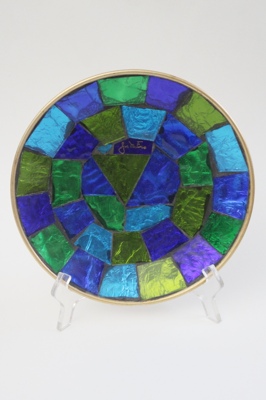 photo of MCM vintage modern art stained glass mosaic plate, artist signed Jon Matin small tray  #5