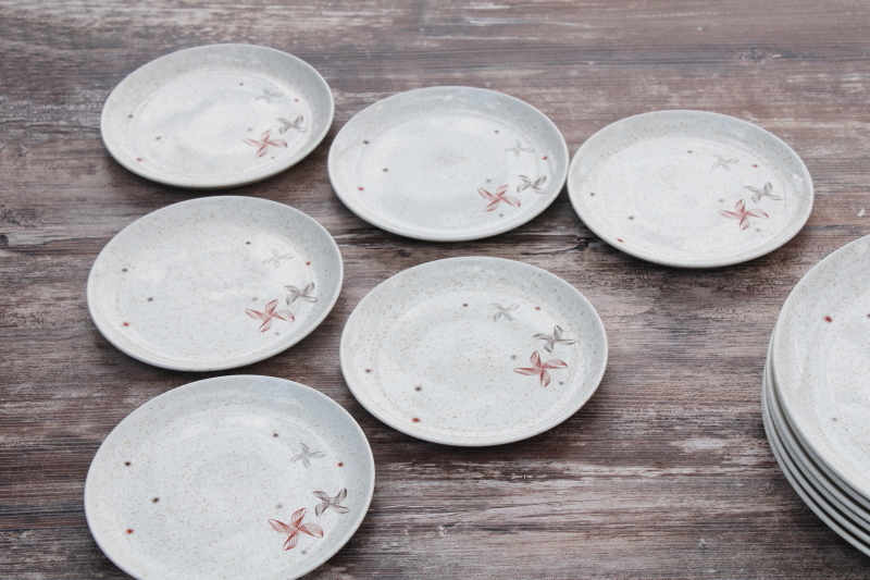 photo of MCM vintage pottery dinnerware set for six, WS George Sierra tan w/ atomic spirograph starburst design #4