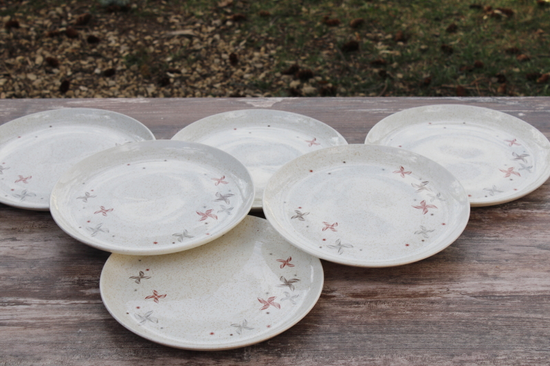photo of MCM vintage pottery dinnerware set for six, WS George Sierra tan w/ atomic spirograph starburst design #7