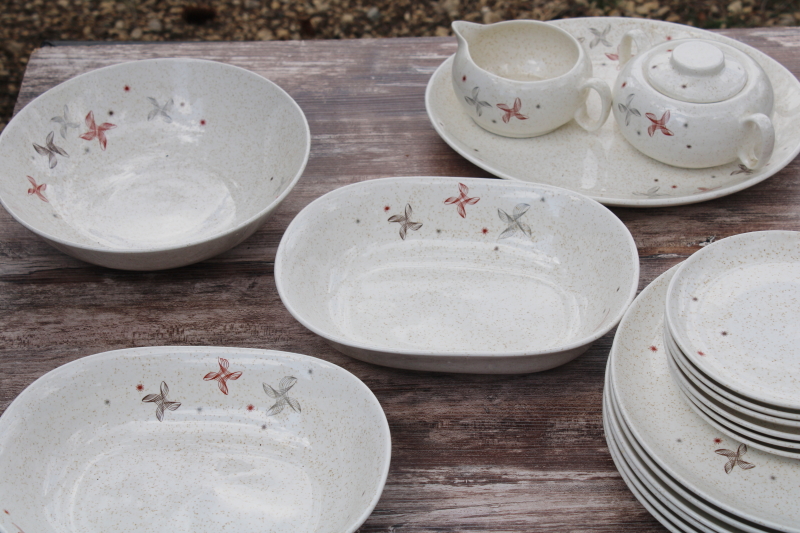 photo of MCM vintage pottery dinnerware set for six, WS George Sierra tan w/ atomic spirograph starburst design #17