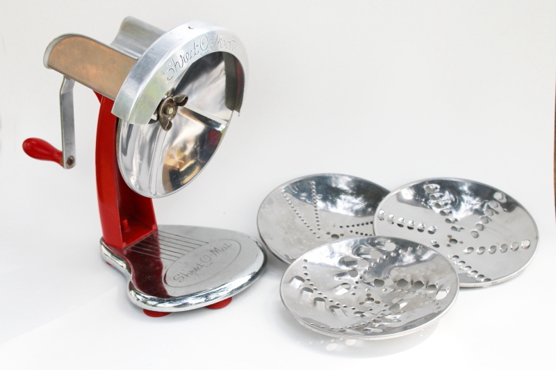 photo of MCM vintage red & chrome kitchen gadget, Shred O Mat hand crank grater grinder tool  #1