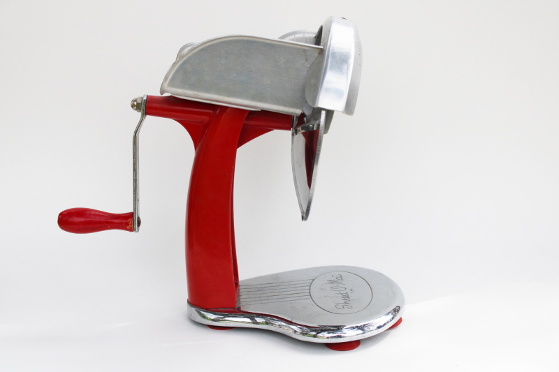 photo of MCM vintage red & chrome kitchen gadget, Shred O Mat hand crank grater grinder tool  #5