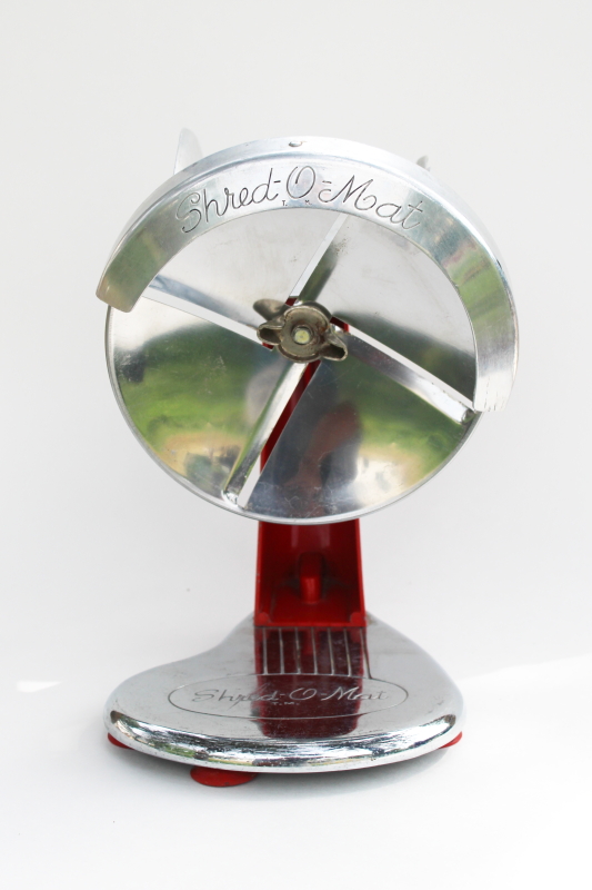 photo of MCM vintage red & chrome kitchen gadget, Shred O Mat hand crank grater grinder tool  #6