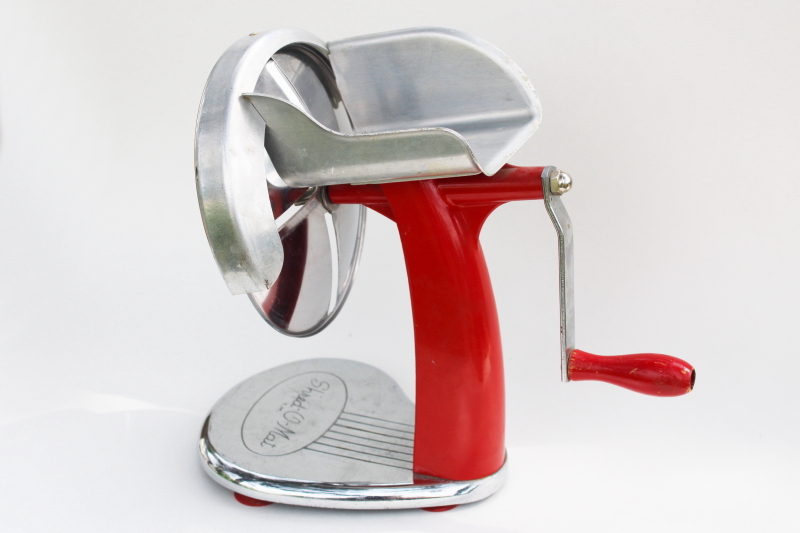 photo of MCM vintage red & chrome kitchen gadget, Shred O Mat hand crank grater grinder tool  #7