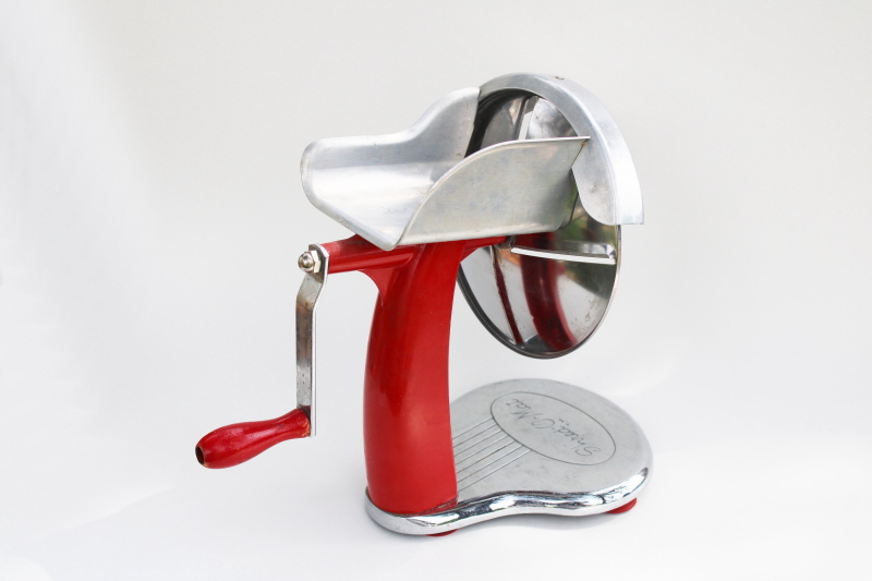 photo of MCM vintage red & chrome kitchen gadget, Shred O Mat hand crank grater grinder tool  #8