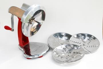 catalog photo of MCM vintage red & chrome kitchen gadget, Shred O Mat hand crank grater grinder tool 