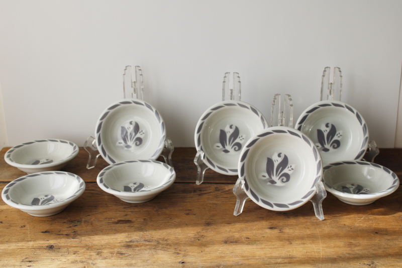 photo of MCM vintage restaurant china, white ironstone sauce bowls grey airbrush fleur de lis or art deco leaves  #1