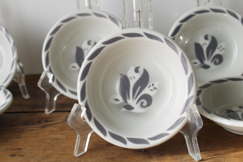 photo of MCM vintage restaurant china, white ironstone sauce bowls grey airbrush fleur de lis or art deco leaves  #2